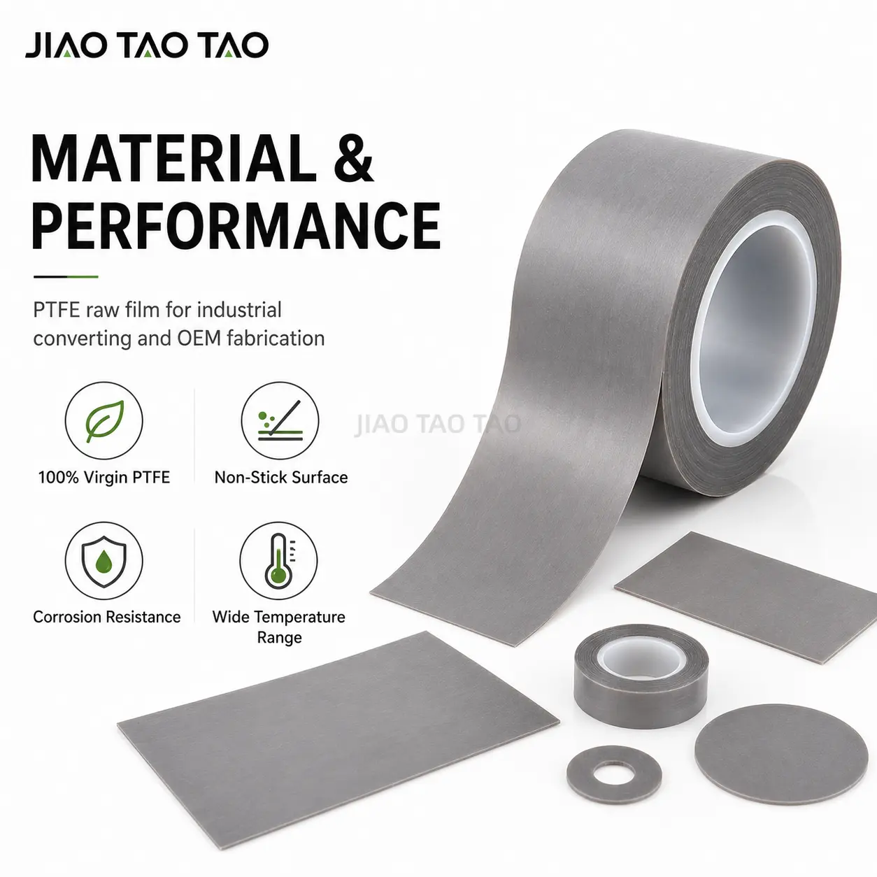 Virgin PTFE film OEM custom service with custom width, thickness, and roll length options.